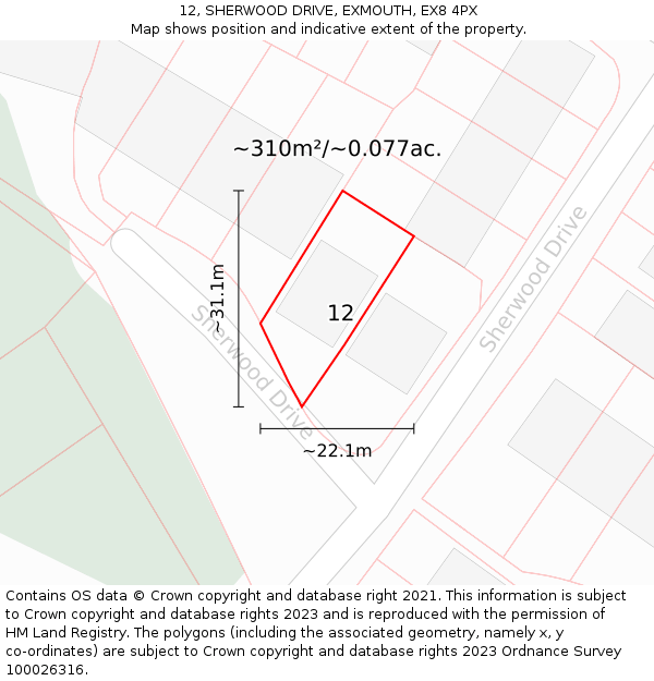 12, SHERWOOD DRIVE, EXMOUTH, EX8 4PX: Plot and title map