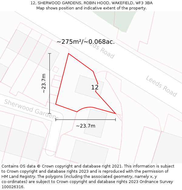 12, SHERWOOD GARDENS, ROBIN HOOD, WAKEFIELD, WF3 3BA: Plot and title map