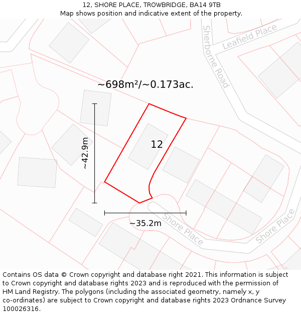 12, SHORE PLACE, TROWBRIDGE, BA14 9TB: Plot and title map