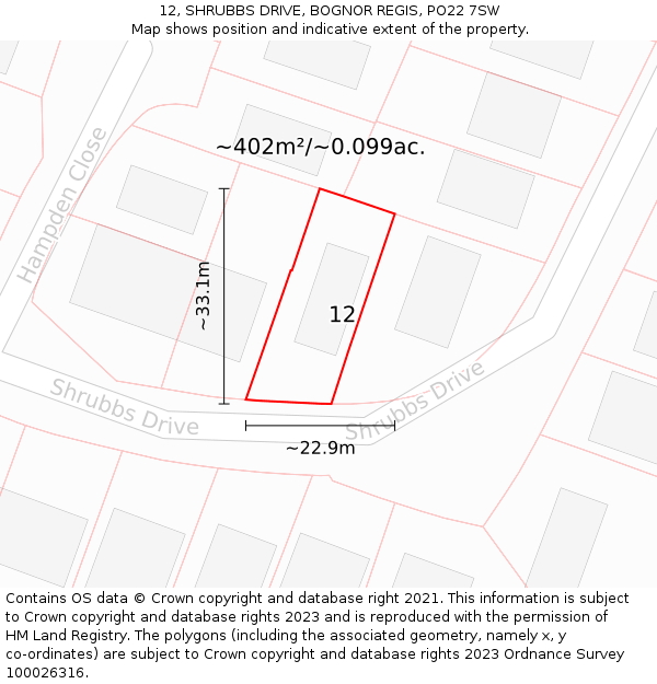 12, SHRUBBS DRIVE, BOGNOR REGIS, PO22 7SW: Plot and title map