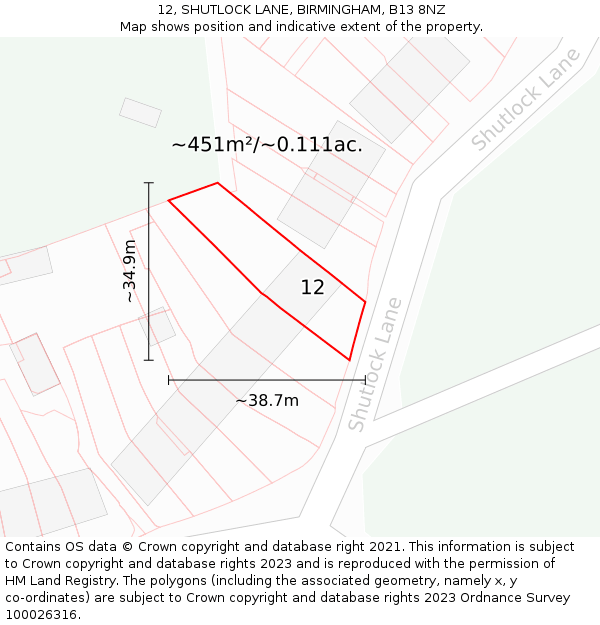 12, SHUTLOCK LANE, BIRMINGHAM, B13 8NZ: Plot and title map