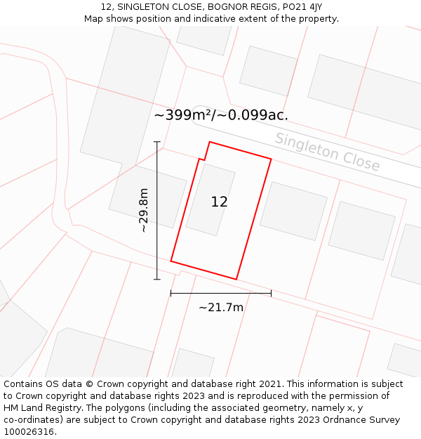 12, SINGLETON CLOSE, BOGNOR REGIS, PO21 4JY: Plot and title map