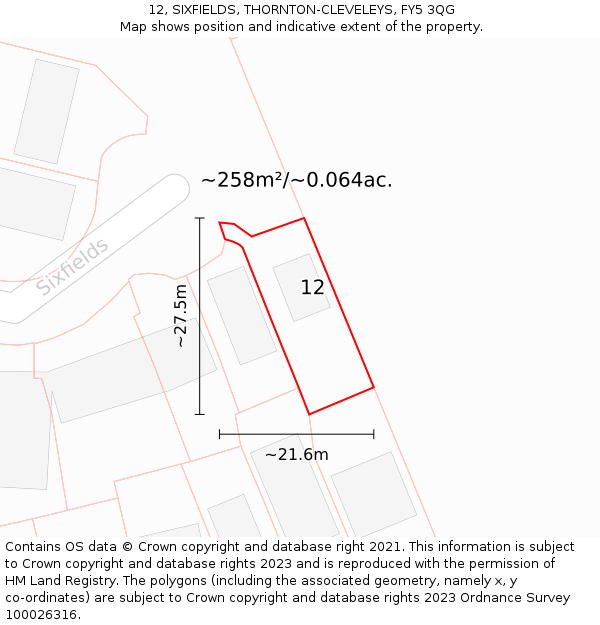 12, SIXFIELDS, THORNTON-CLEVELEYS, FY5 3QG: Plot and title map
