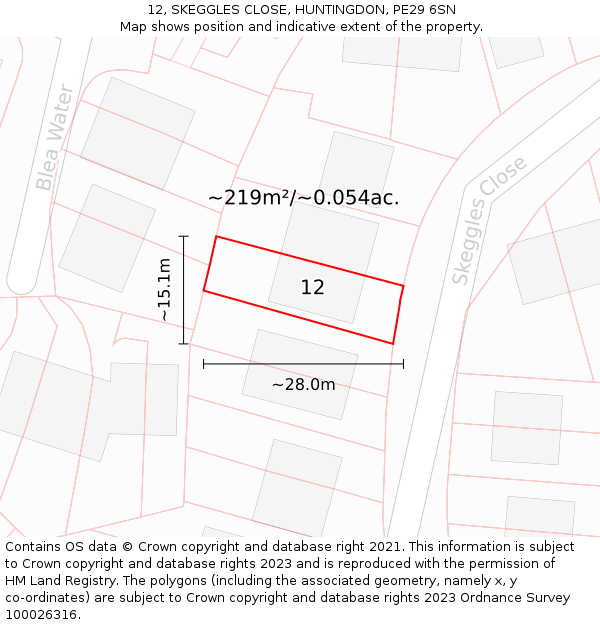 12, SKEGGLES CLOSE, HUNTINGDON, PE29 6SN: Plot and title map