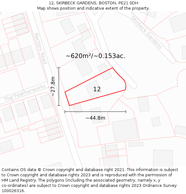 12, SKIRBECK GARDENS, BOSTON, PE21 0DH: Plot and title map