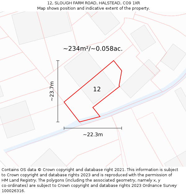 12, SLOUGH FARM ROAD, HALSTEAD, CO9 1XR: Plot and title map