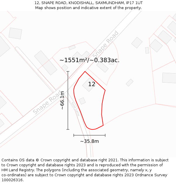 12, SNAPE ROAD, KNODISHALL, SAXMUNDHAM, IP17 1UT: Plot and title map