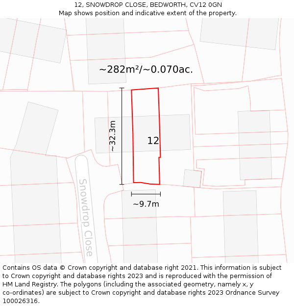 12, SNOWDROP CLOSE, BEDWORTH, CV12 0GN: Plot and title map