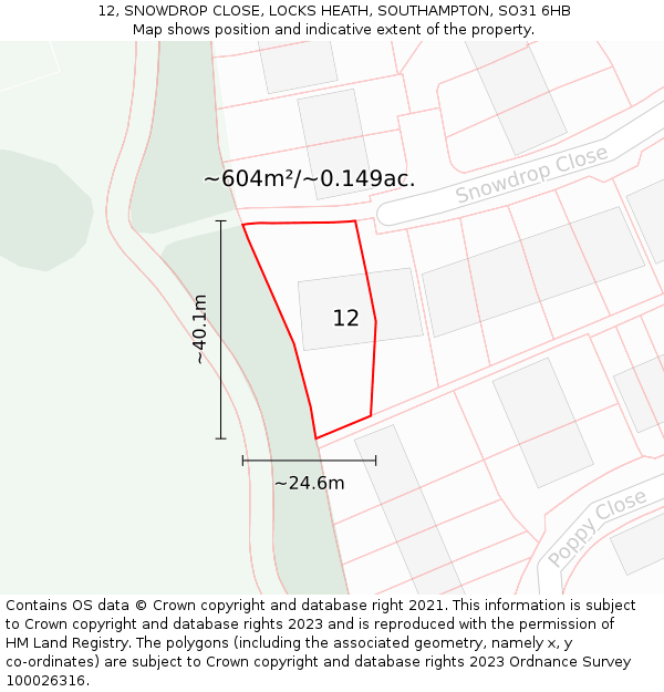 12, SNOWDROP CLOSE, LOCKS HEATH, SOUTHAMPTON, SO31 6HB: Plot and title map