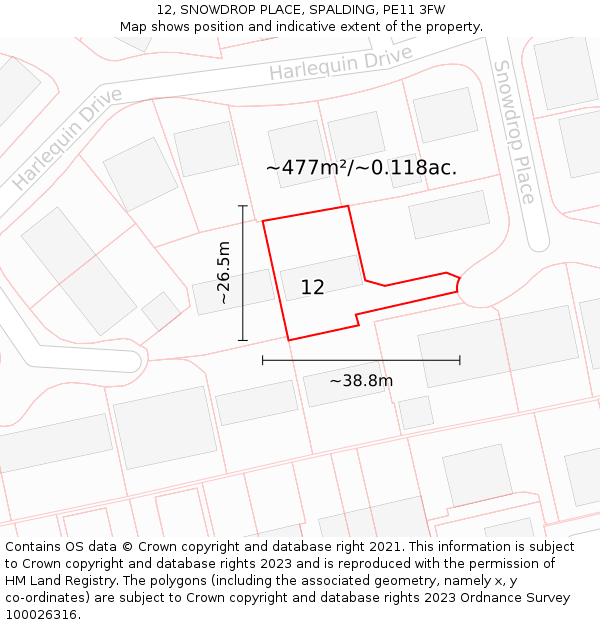 12, SNOWDROP PLACE, SPALDING, PE11 3FW: Plot and title map