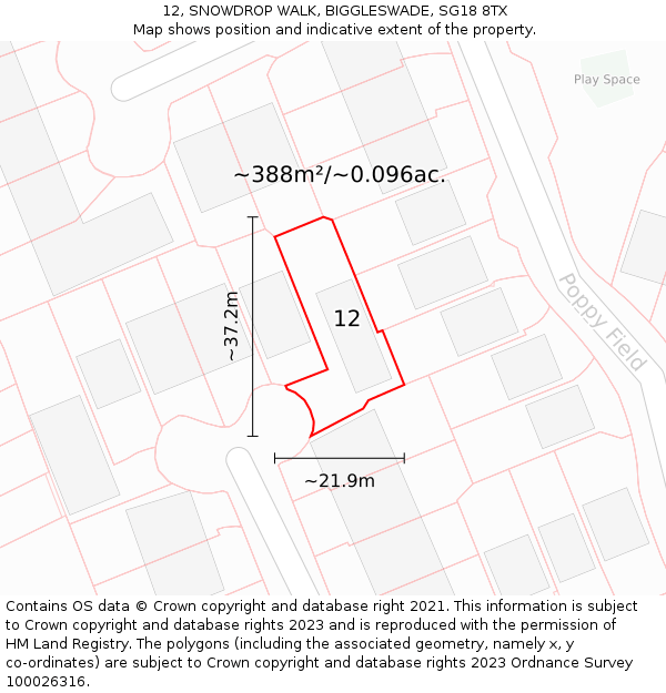 12, SNOWDROP WALK, BIGGLESWADE, SG18 8TX: Plot and title map