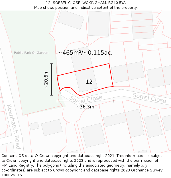 12, SORREL CLOSE, WOKINGHAM, RG40 5YA: Plot and title map