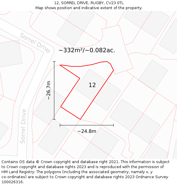 12, SORREL DRIVE, RUGBY, CV23 0TL: Plot and title map