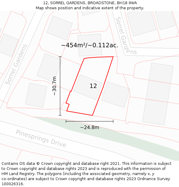 12, SORREL GARDENS, BROADSTONE, BH18 9WA: Plot and title map