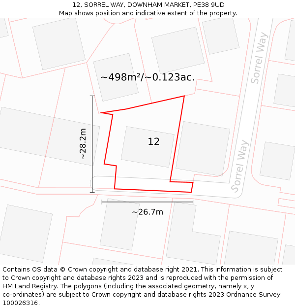 12, SORREL WAY, DOWNHAM MARKET, PE38 9UD: Plot and title map