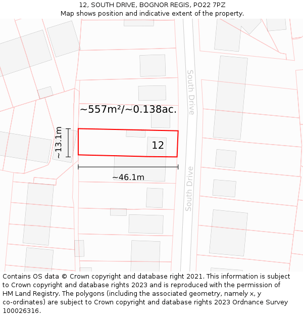 12, SOUTH DRIVE, BOGNOR REGIS, PO22 7PZ: Plot and title map