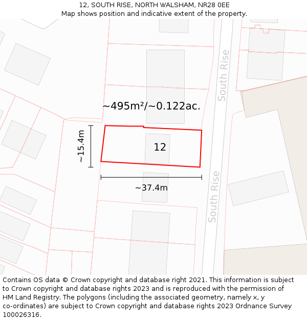 12, SOUTH RISE, NORTH WALSHAM, NR28 0EE: Plot and title map