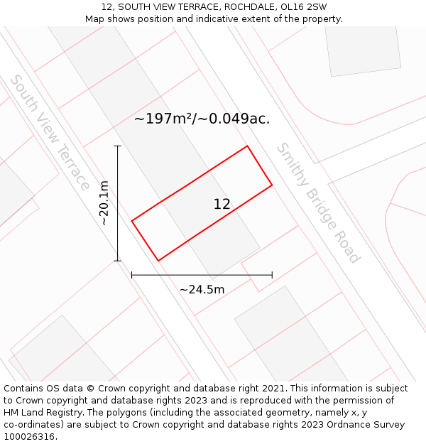 12, SOUTH VIEW TERRACE, ROCHDALE, OL16 2SW: Plot and title map