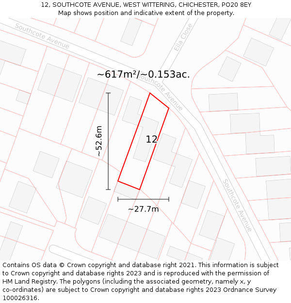 12, SOUTHCOTE AVENUE, WEST WITTERING, CHICHESTER, PO20 8EY: Plot and title map