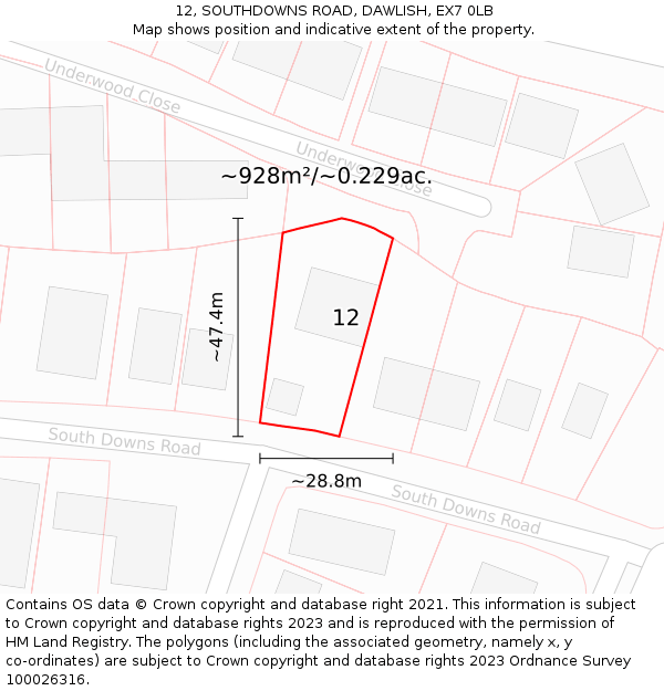 12, SOUTHDOWNS ROAD, DAWLISH, EX7 0LB: Plot and title map