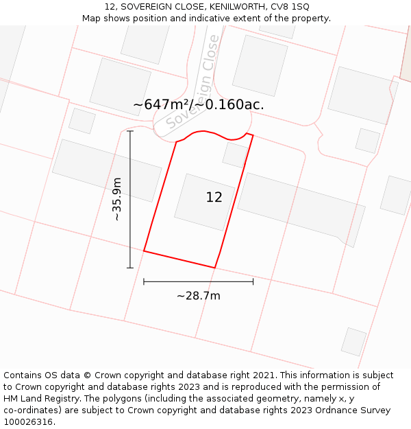 12, SOVEREIGN CLOSE, KENILWORTH, CV8 1SQ: Plot and title map