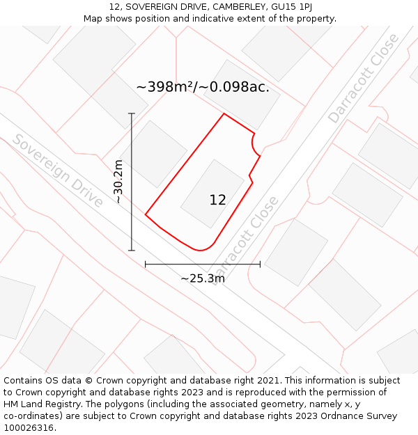 12, SOVEREIGN DRIVE, CAMBERLEY, GU15 1PJ: Plot and title map