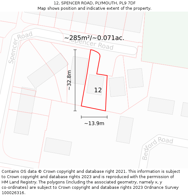 12, SPENCER ROAD, PLYMOUTH, PL9 7DF: Plot and title map