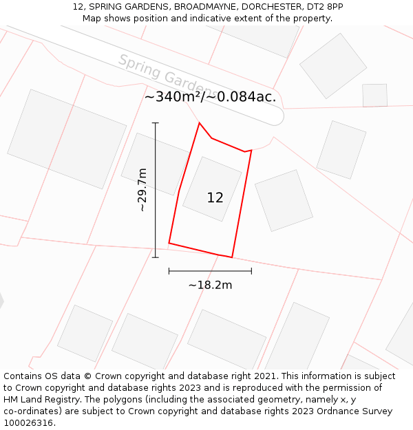 12, SPRING GARDENS, BROADMAYNE, DORCHESTER, DT2 8PP: Plot and title map