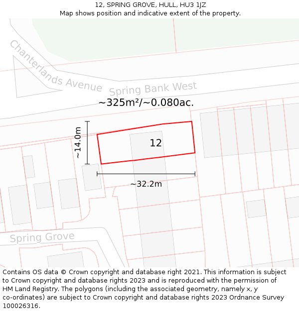 12, SPRING GROVE, HULL, HU3 1JZ: Plot and title map