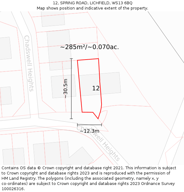 12, SPRING ROAD, LICHFIELD, WS13 6BQ: Plot and title map