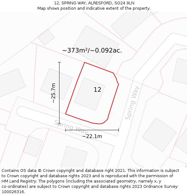 12, SPRING WAY, ALRESFORD, SO24 9LN: Plot and title map