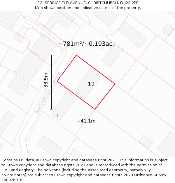 12, SPRINGFIELD AVENUE, CHRISTCHURCH, BH23 2PE: Plot and title map