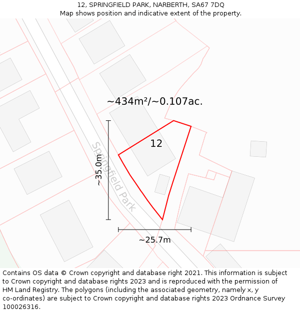 12, SPRINGFIELD PARK, NARBERTH, SA67 7DQ: Plot and title map