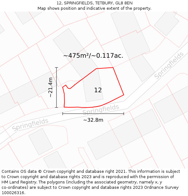 12, SPRINGFIELDS, TETBURY, GL8 8EN: Plot and title map