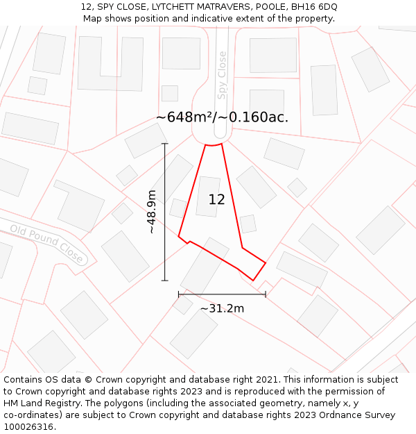 12, SPY CLOSE, LYTCHETT MATRAVERS, POOLE, BH16 6DQ: Plot and title map