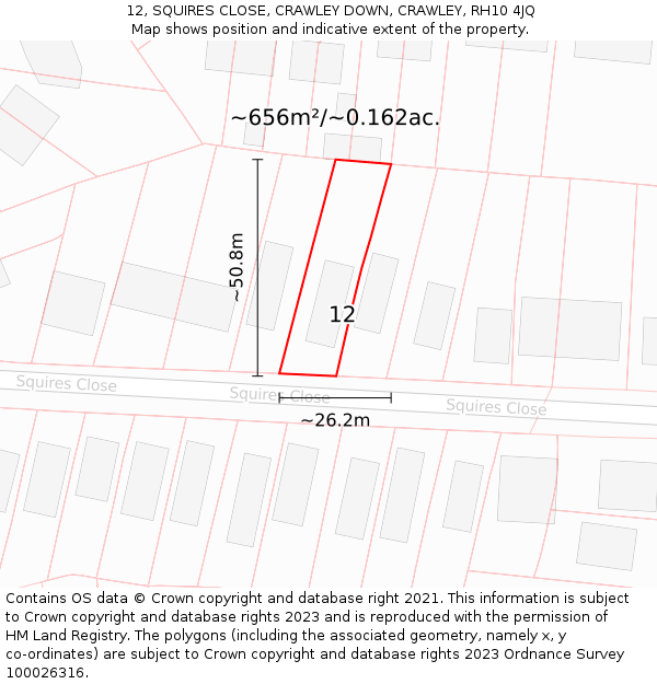 12, SQUIRES CLOSE, CRAWLEY DOWN, CRAWLEY, RH10 4JQ: Plot and title map