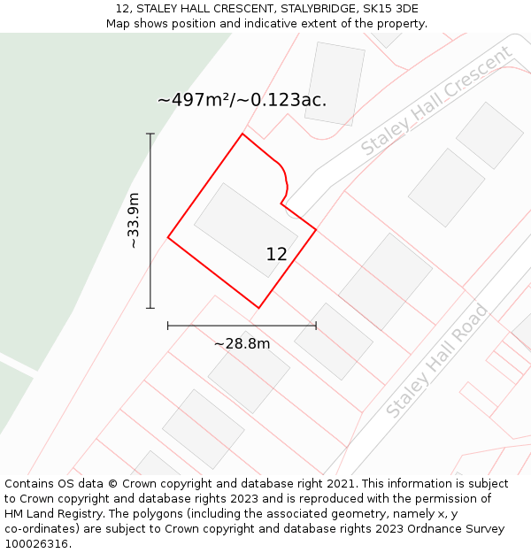 12, STALEY HALL CRESCENT, STALYBRIDGE, SK15 3DE: Plot and title map