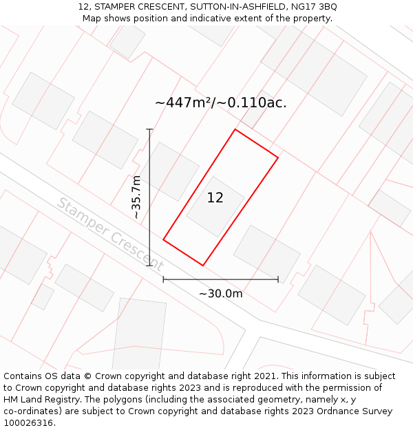 12, STAMPER CRESCENT, SUTTON-IN-ASHFIELD, NG17 3BQ: Plot and title map