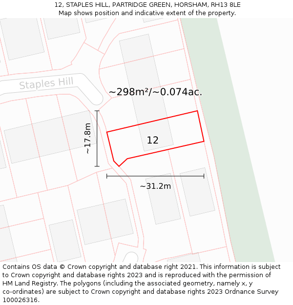 12, STAPLES HILL, PARTRIDGE GREEN, HORSHAM, RH13 8LE: Plot and title map