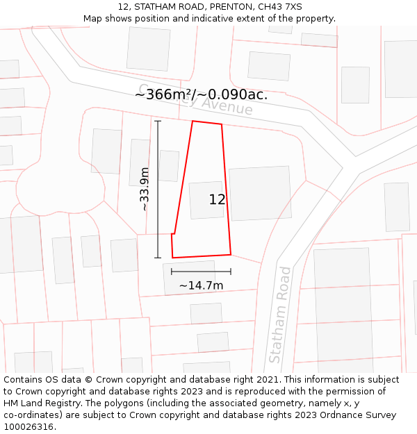 12, STATHAM ROAD, PRENTON, CH43 7XS: Plot and title map