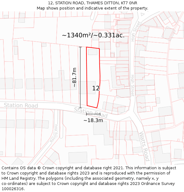 12, STATION ROAD, THAMES DITTON, KT7 0NR: Plot and title map