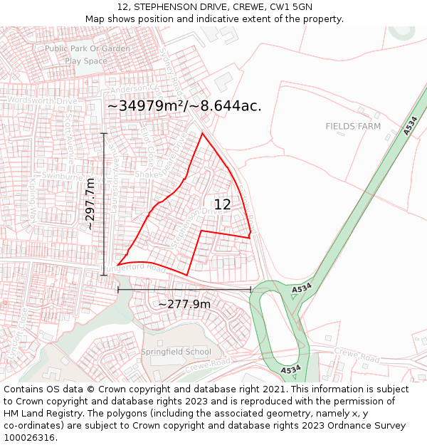 12, STEPHENSON DRIVE, CREWE, CW1 5GN: Plot and title map