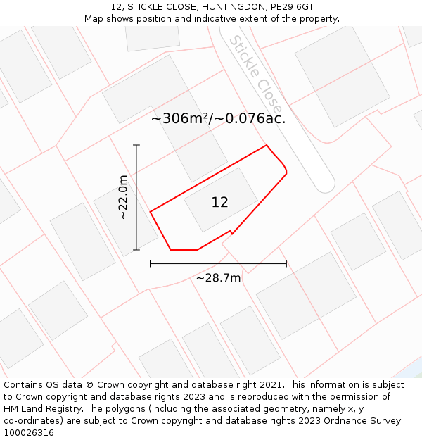 12, STICKLE CLOSE, HUNTINGDON, PE29 6GT: Plot and title map