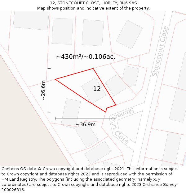 12, STONECOURT CLOSE, HORLEY, RH6 9AS: Plot and title map