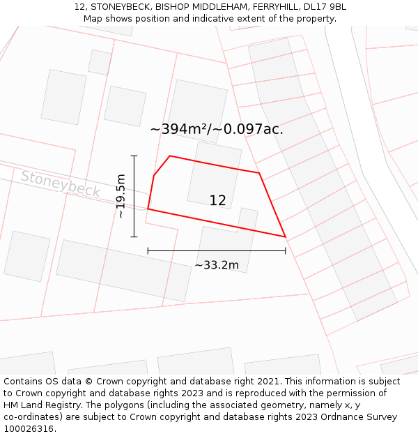 12, STONEYBECK, BISHOP MIDDLEHAM, FERRYHILL, DL17 9BL: Plot and title map