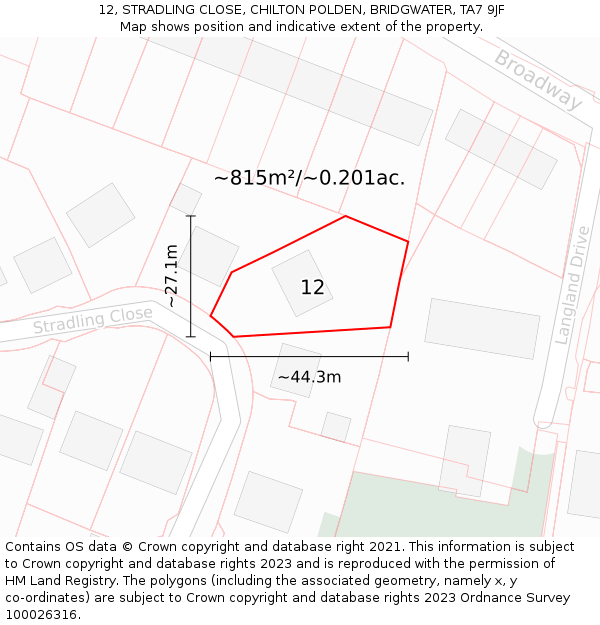 12, STRADLING CLOSE, CHILTON POLDEN, BRIDGWATER, TA7 9JF: Plot and title map