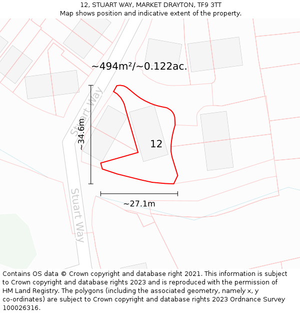 12, STUART WAY, MARKET DRAYTON, TF9 3TT: Plot and title map