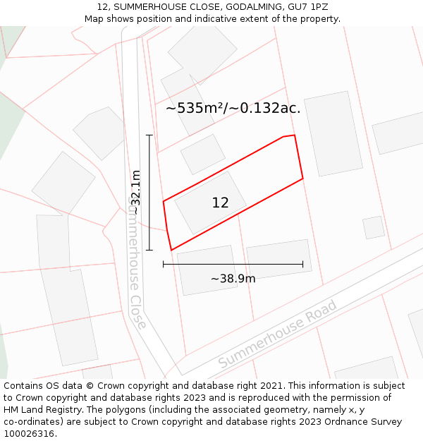 12, SUMMERHOUSE CLOSE, GODALMING, GU7 1PZ: Plot and title map