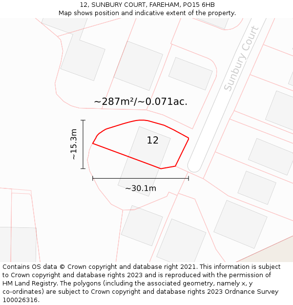 12, SUNBURY COURT, FAREHAM, PO15 6HB: Plot and title map