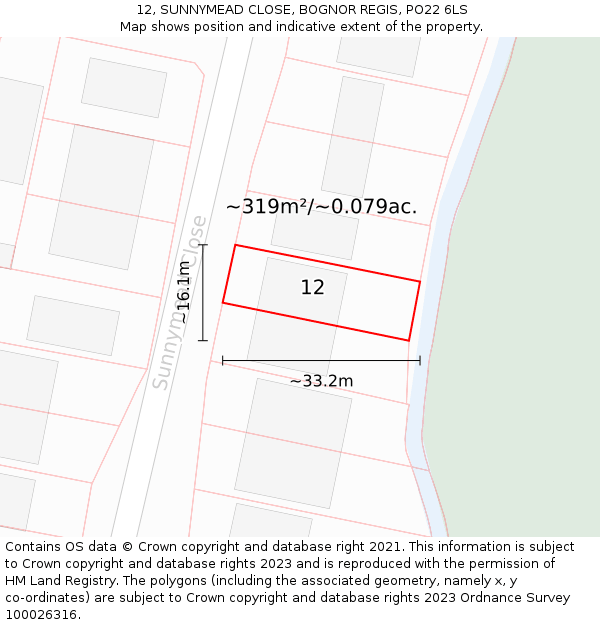 12, SUNNYMEAD CLOSE, BOGNOR REGIS, PO22 6LS: Plot and title map